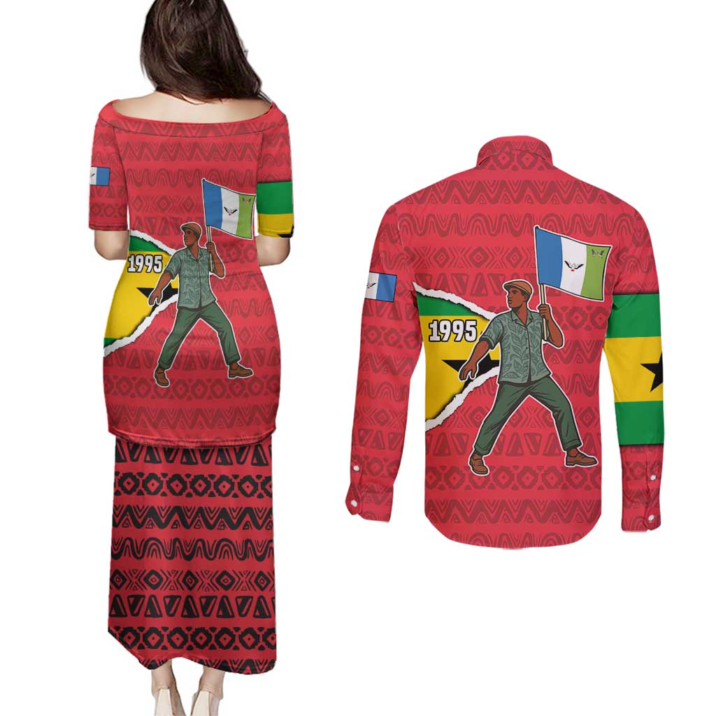 Autonomous Region of Principe Independence Couples Matching Puletasi and Long Sleeve Button Shirt with 1995 Flag Design and Cultural Pattern - Wonder Print Shop