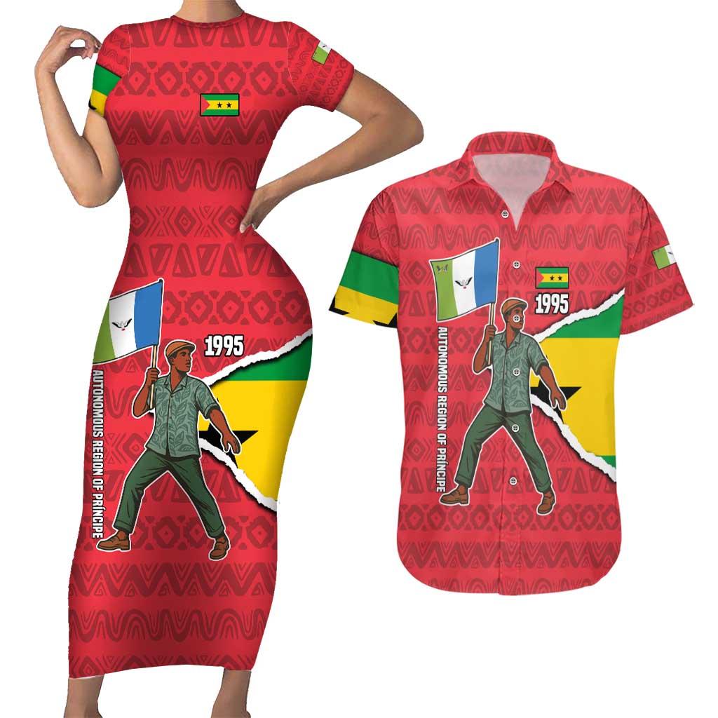 Autonomous Region of Principe Independence Couples Matching Short Sleeve Bodycon Dress and Hawaiian Shirt with 1995 Flag Design and Cultural Pattern - Wonder Print Shop