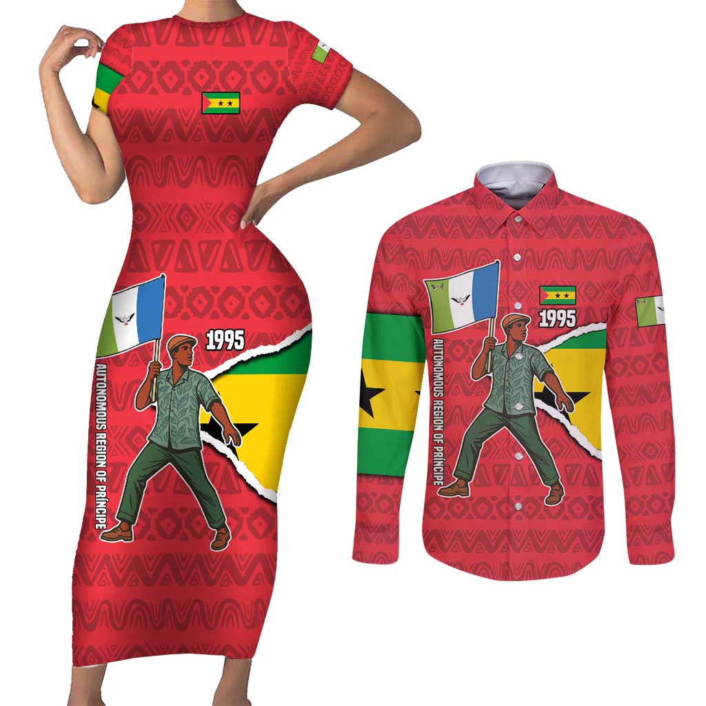 Autonomous Region of Principe Independence Couples Matching Short Sleeve Bodycon Dress and Long Sleeve Button Shirt with 1995 Flag Design and Cultural Pattern - Wonder Print Shop