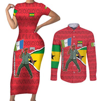Autonomous Region of Principe Independence Couples Matching Short Sleeve Bodycon Dress and Long Sleeve Button Shirt with 1995 Flag Design and Cultural Pattern - Wonder Print Shop