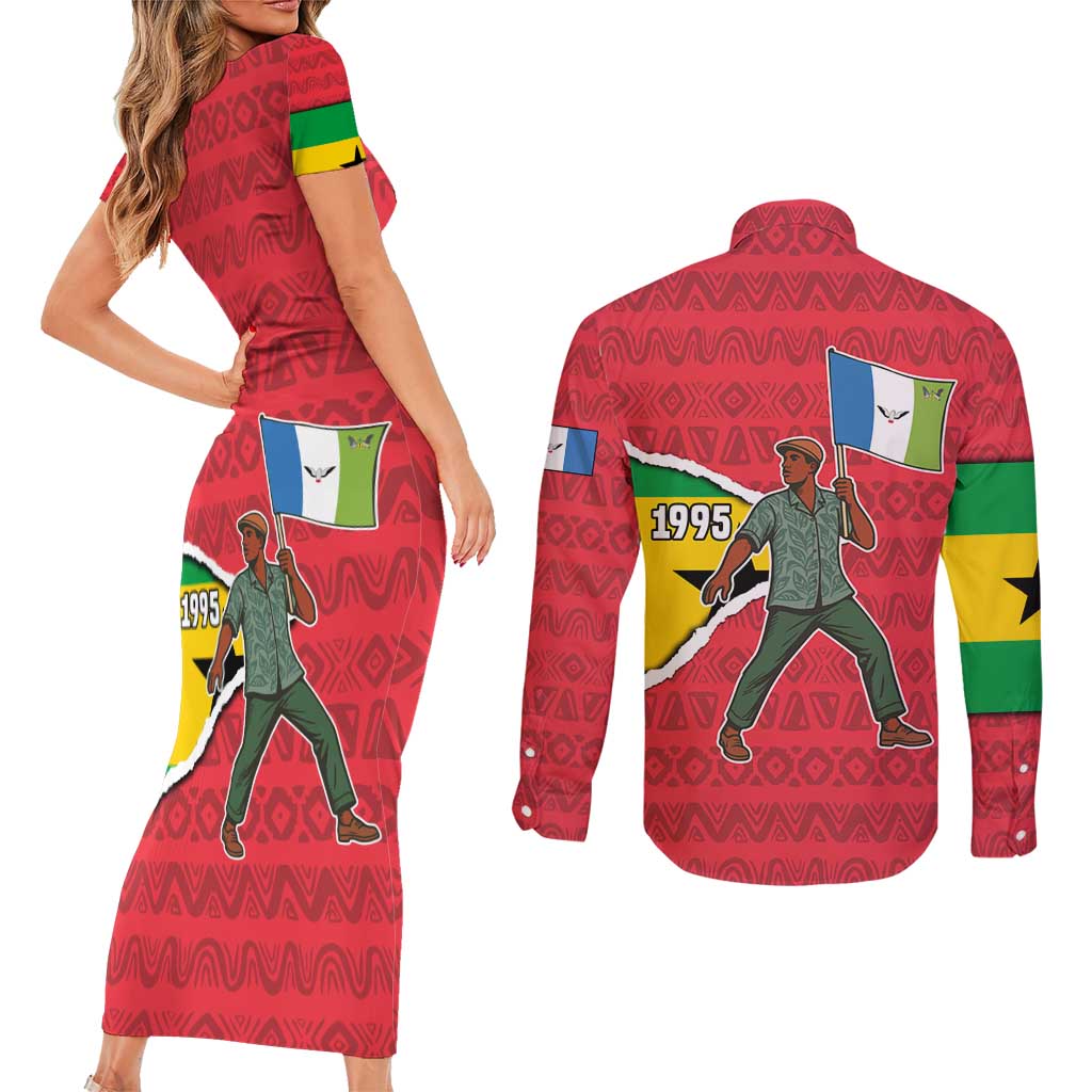 Autonomous Region of Principe Independence Couples Matching Short Sleeve Bodycon Dress and Long Sleeve Button Shirt with 1995 Flag Design and Cultural Pattern - Wonder Print Shop