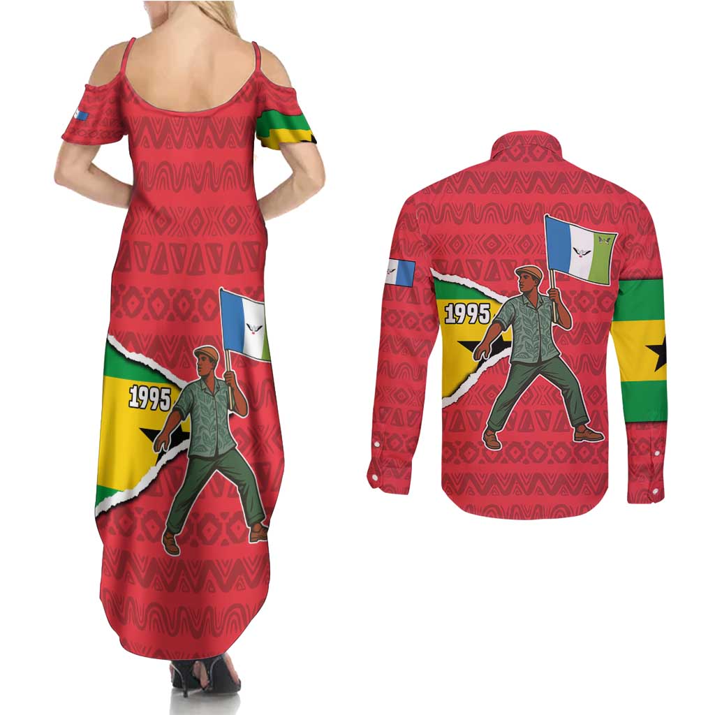 Autonomous Region of Principe Independence Couples Matching Summer Maxi Dress and Long Sleeve Button Shirt with 1995 Flag Design and Cultural Pattern - Wonder Print Shop