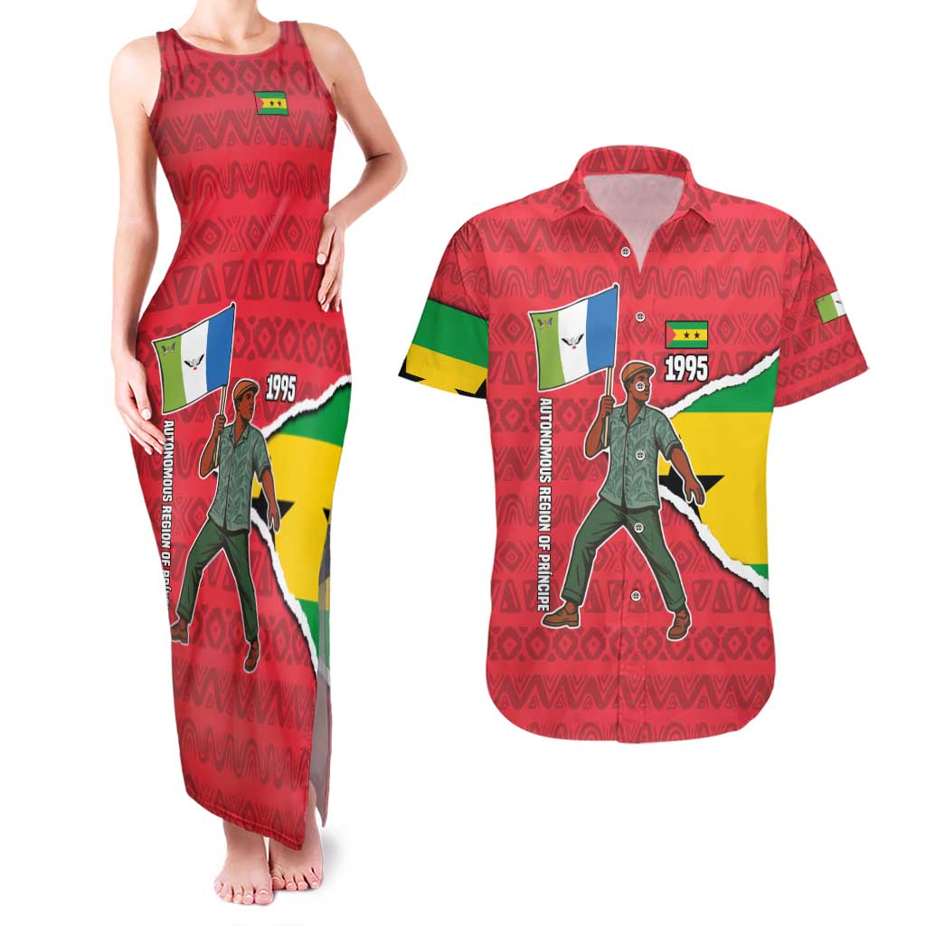 Autonomous Region of Principe Independence Couples Matching Tank Maxi Dress and Hawaiian Shirt with 1995 Flag Design and Cultural Pattern - Wonder Print Shop