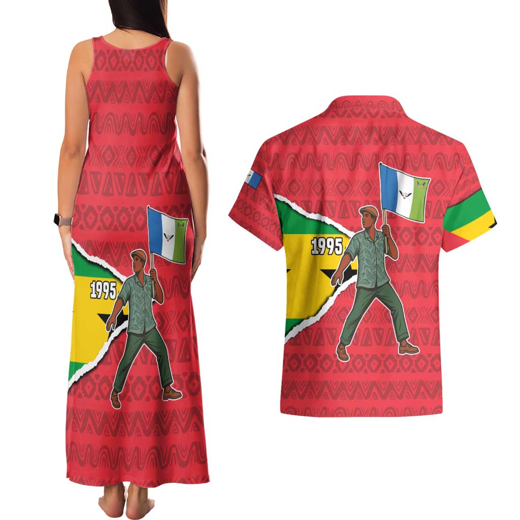 Autonomous Region of Principe Independence Couples Matching Tank Maxi Dress and Hawaiian Shirt with 1995 Flag Design and Cultural Pattern - Wonder Print Shop