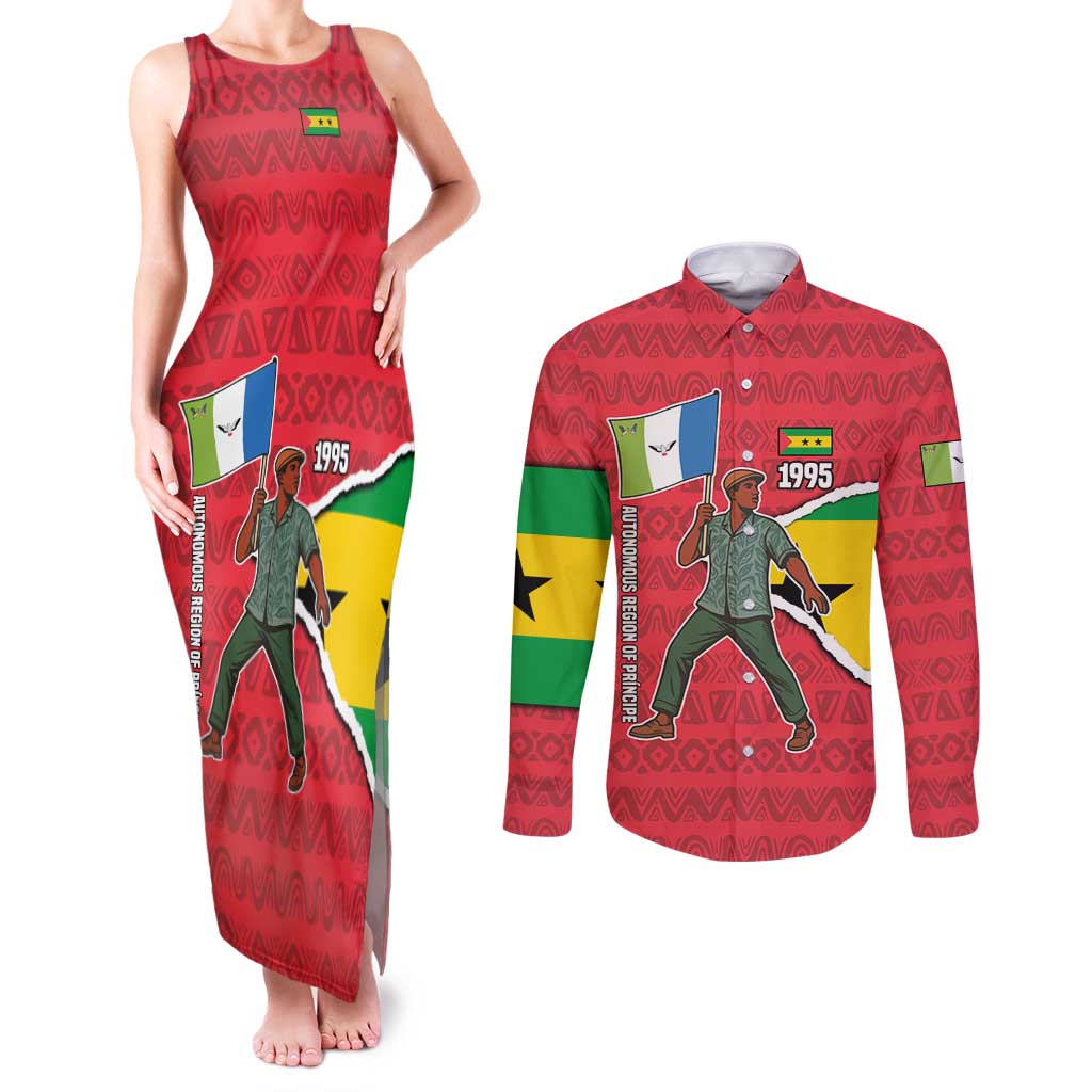 Autonomous Region of Principe Independence Couples Matching Tank Maxi Dress and Long Sleeve Button Shirt with 1995 Flag Design and Cultural Pattern - Wonder Print Shop