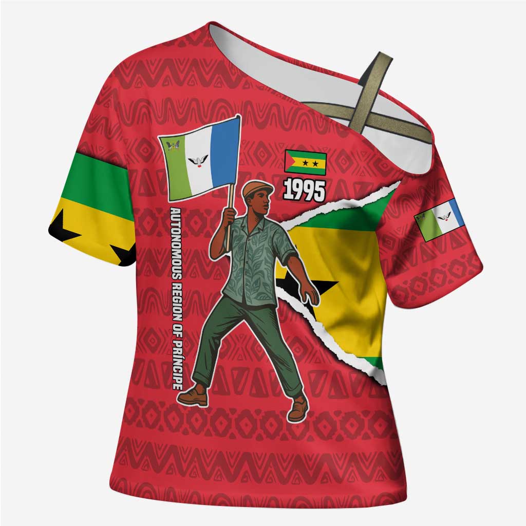 Autonomous Region of Principe Independence Cross Shoulder Shirt with 1995 Flag Design and Cultural Pattern - Wonder Print Shop