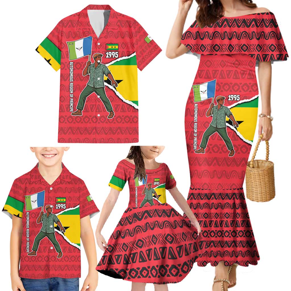 Autonomous Region of Principe Independence Family Matching Mermaid Dress and Hawaiian Shirt with 1995 Flag Design and Cultural Pattern - Wonder Print Shop