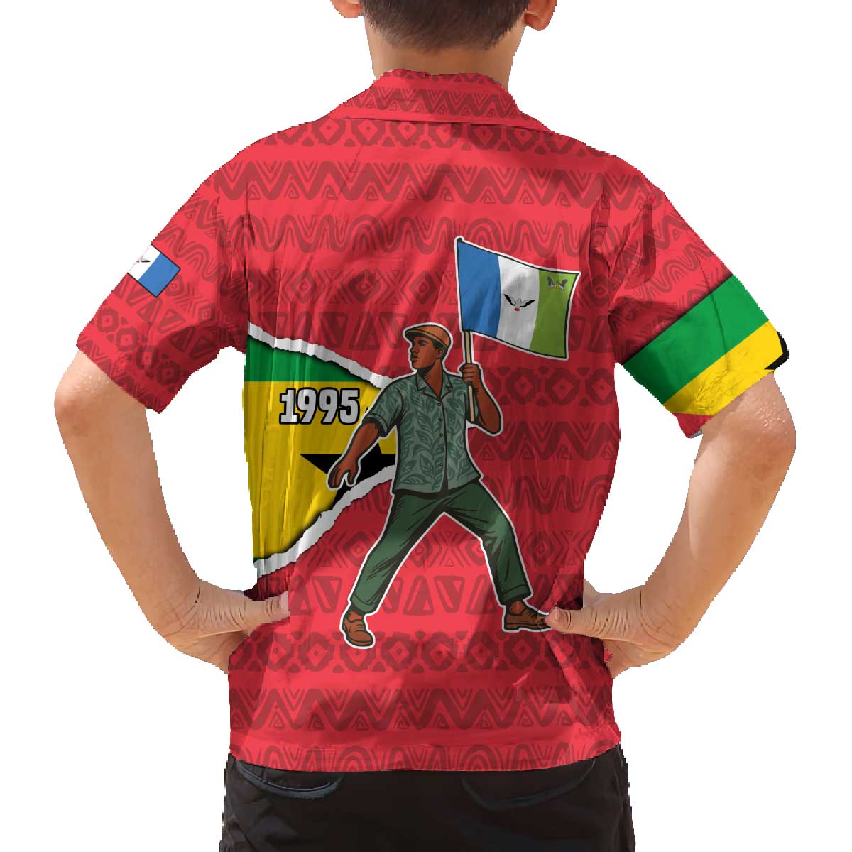 Autonomous Region of Principe Independence Family Matching Off The Shoulder Long Sleeve Dress and Hawaiian Shirt with 1995 Flag Design and Cultural Pattern - Wonder Print Shop