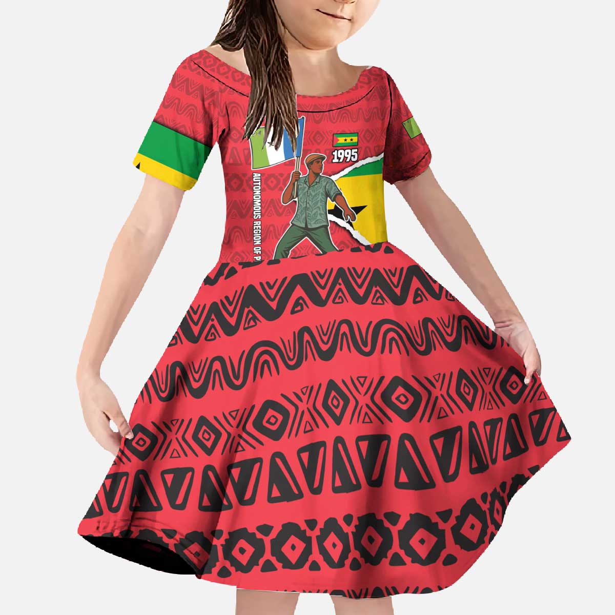 Autonomous Region of Principe Independence Family Matching Off The Shoulder Long Sleeve Dress and Hawaiian Shirt with 1995 Flag Design and Cultural Pattern - Wonder Print Shop