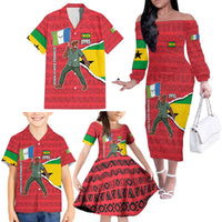 Autonomous Region of Principe Independence Family Matching Off The Shoulder Long Sleeve Dress and Hawaiian Shirt with 1995 Flag Design and Cultural Pattern - Wonder Print Shop
