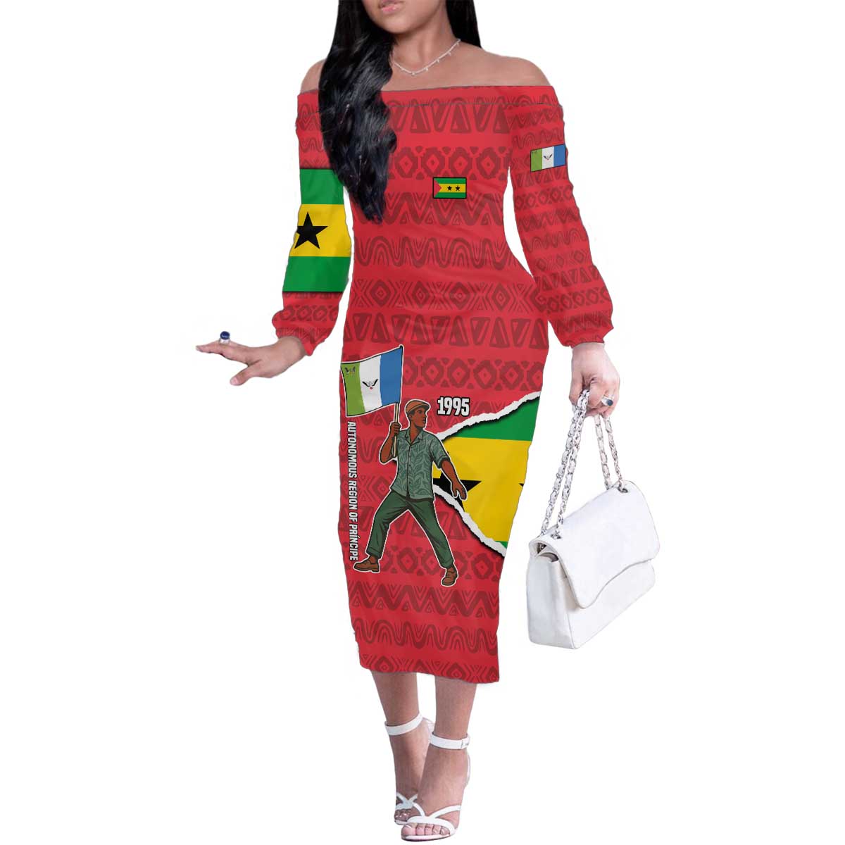 Autonomous Region of Principe Independence Family Matching Off The Shoulder Long Sleeve Dress and Hawaiian Shirt with 1995 Flag Design and Cultural Pattern - Wonder Print Shop