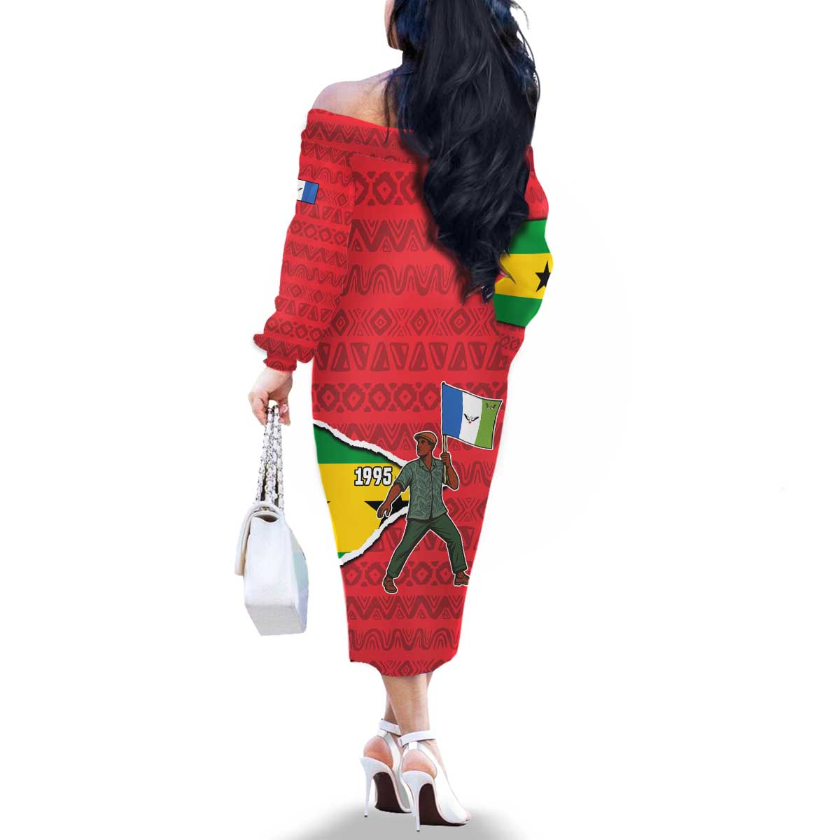 Autonomous Region of Principe Independence Family Matching Off The Shoulder Long Sleeve Dress and Hawaiian Shirt with 1995 Flag Design and Cultural Pattern - Wonder Print Shop