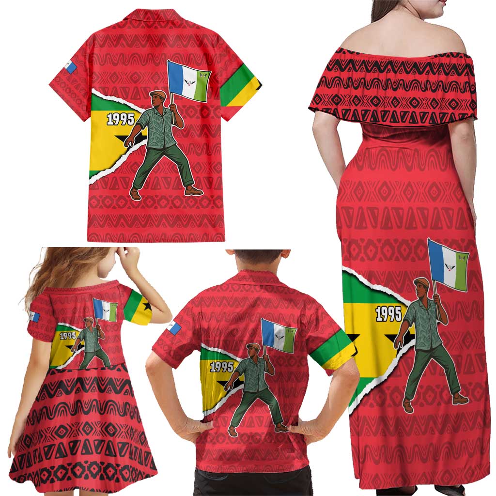 Autonomous Region of Principe Independence Family Matching Off Shoulder Maxi Dress and Hawaiian Shirt with 1995 Flag Design and Cultural Pattern - Wonder Print Shop