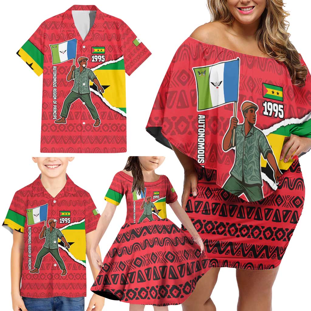 Autonomous Region of Principe Independence Family Matching Off Shoulder Short Dress and Hawaiian Shirt with 1995 Flag Design and Cultural Pattern - Wonder Print Shop