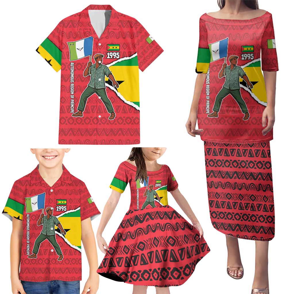 Autonomous Region of Principe Independence Family Matching Puletasi and Hawaiian Shirt with 1995 Flag Design and Cultural Pattern - Wonder Print Shop