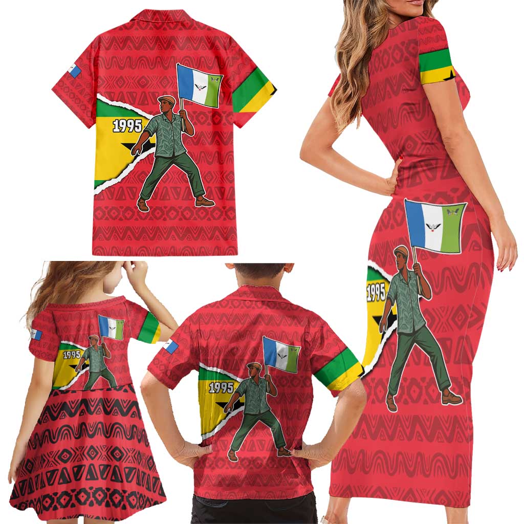 Autonomous Region of Principe Independence Family Matching Short Sleeve Bodycon Dress and Hawaiian Shirt with 1995 Flag Design and Cultural Pattern - Wonder Print Shop