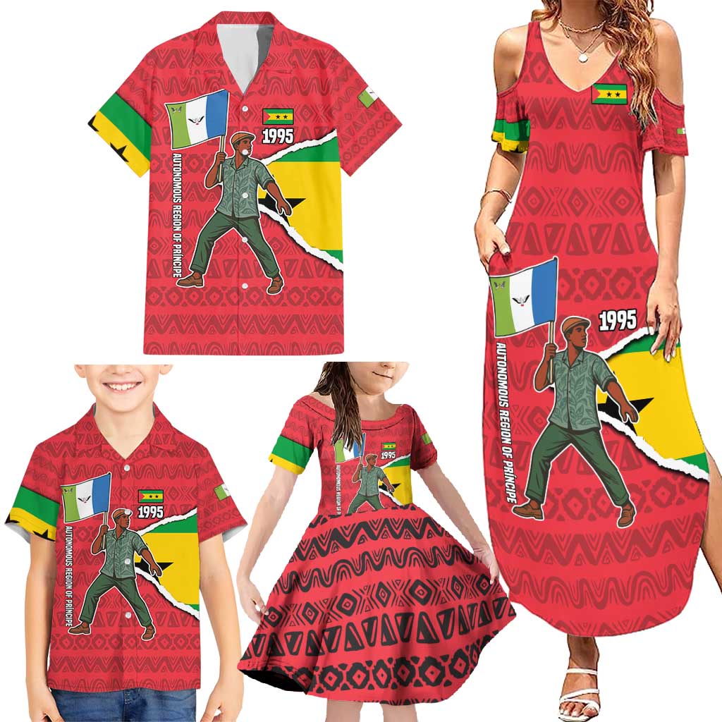 Autonomous Region of Principe Independence Family Matching Summer Maxi Dress and Hawaiian Shirt with 1995 Flag Design and Cultural Pattern - Wonder Print Shop