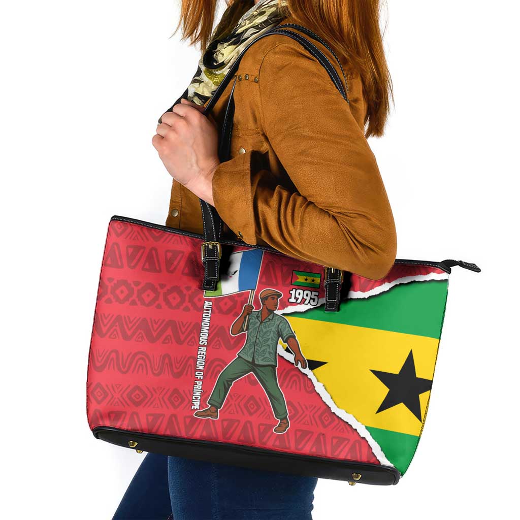 Autonomous Region of Principe Independence Leather Tote Bag with 1995 Flag Design and Cultural Pattern - Wonder Print Shop