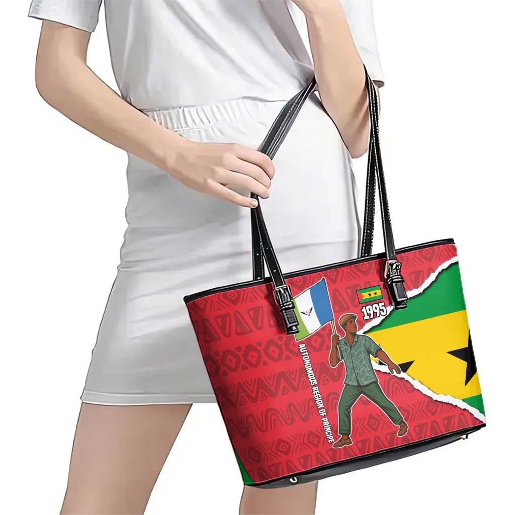 Autonomous Region of Principe Independence Leather Tote Bag with 1995 Flag Design and Cultural Pattern - Wonder Print Shop