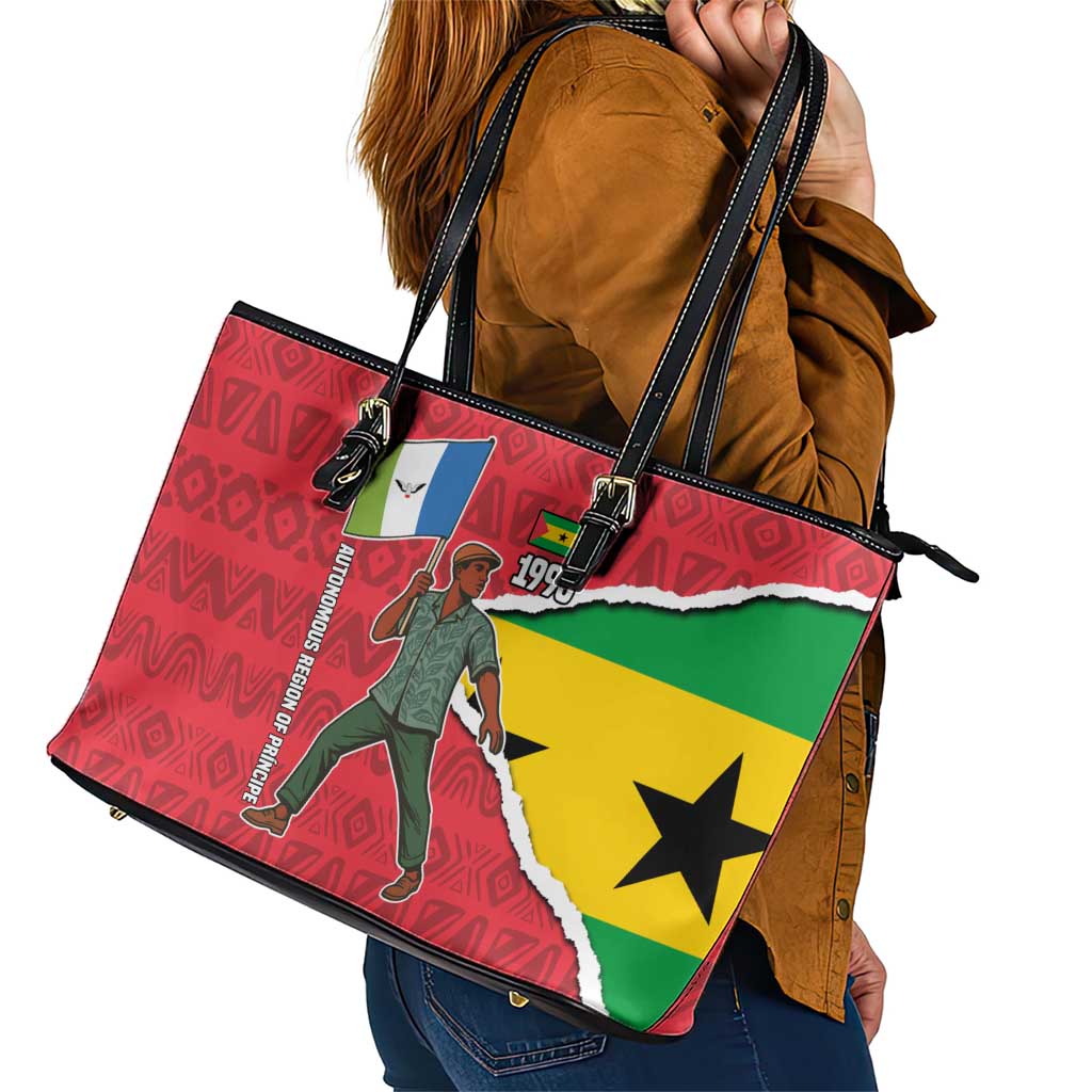 Autonomous Region of Principe Independence Leather Tote Bag with 1995 Flag Design and Cultural Pattern - Wonder Print Shop