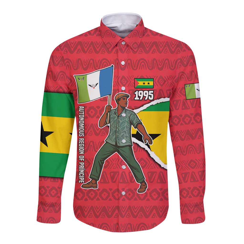 Autonomous Region of Principe Independence Long Sleeve Button Shirt with 1995 Flag Design and Cultural Pattern - Wonder Print Shop