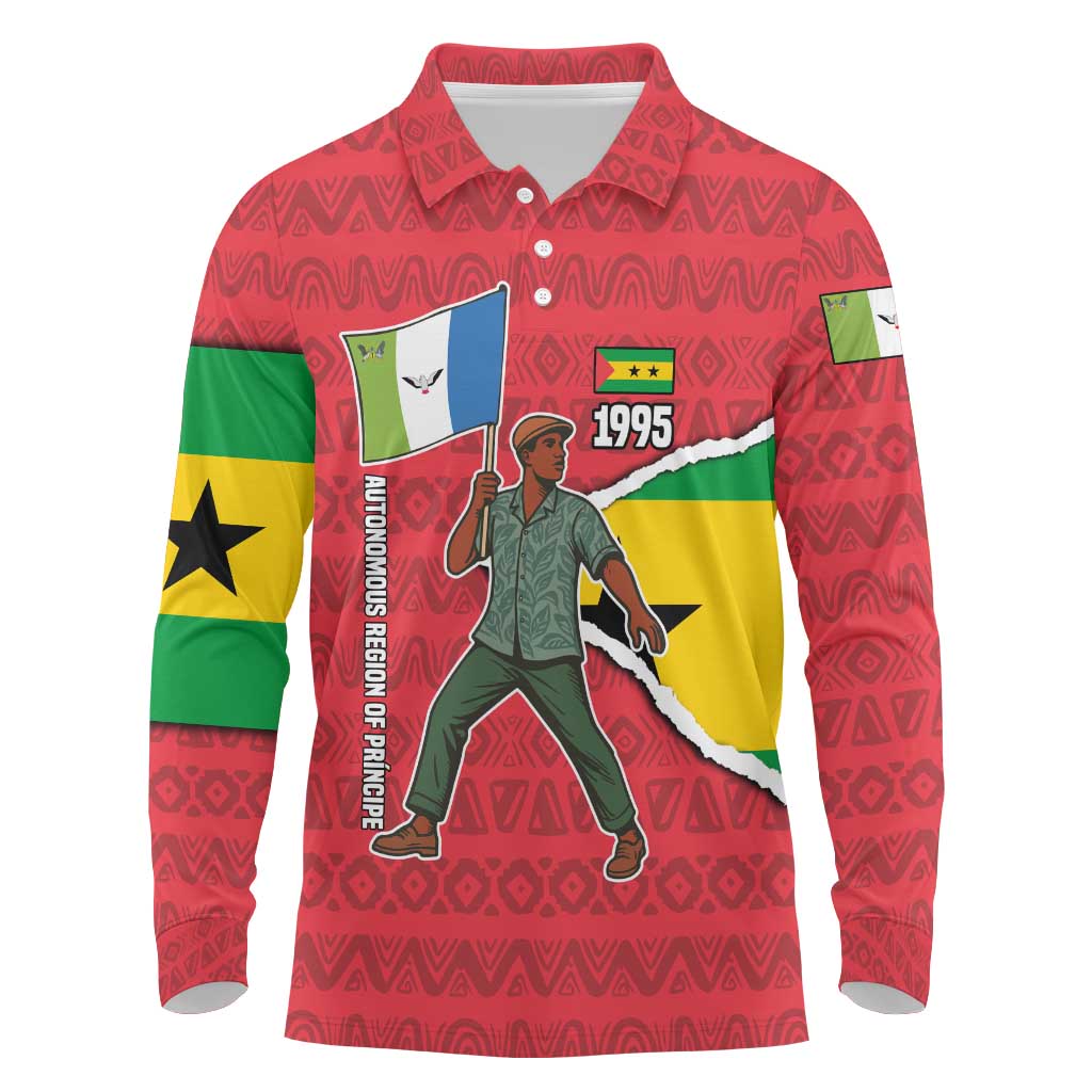 Autonomous Region of Principe Independence Long Sleeve Polo Shirt with 1995 Flag Design and Cultural Pattern - Wonder Print Shop