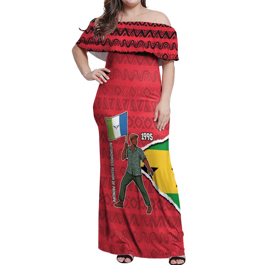 Autonomous Region of Principe Independence Off Shoulder Maxi Dress with 1995 Flag Design and Cultural Pattern - Wonder Print Shop