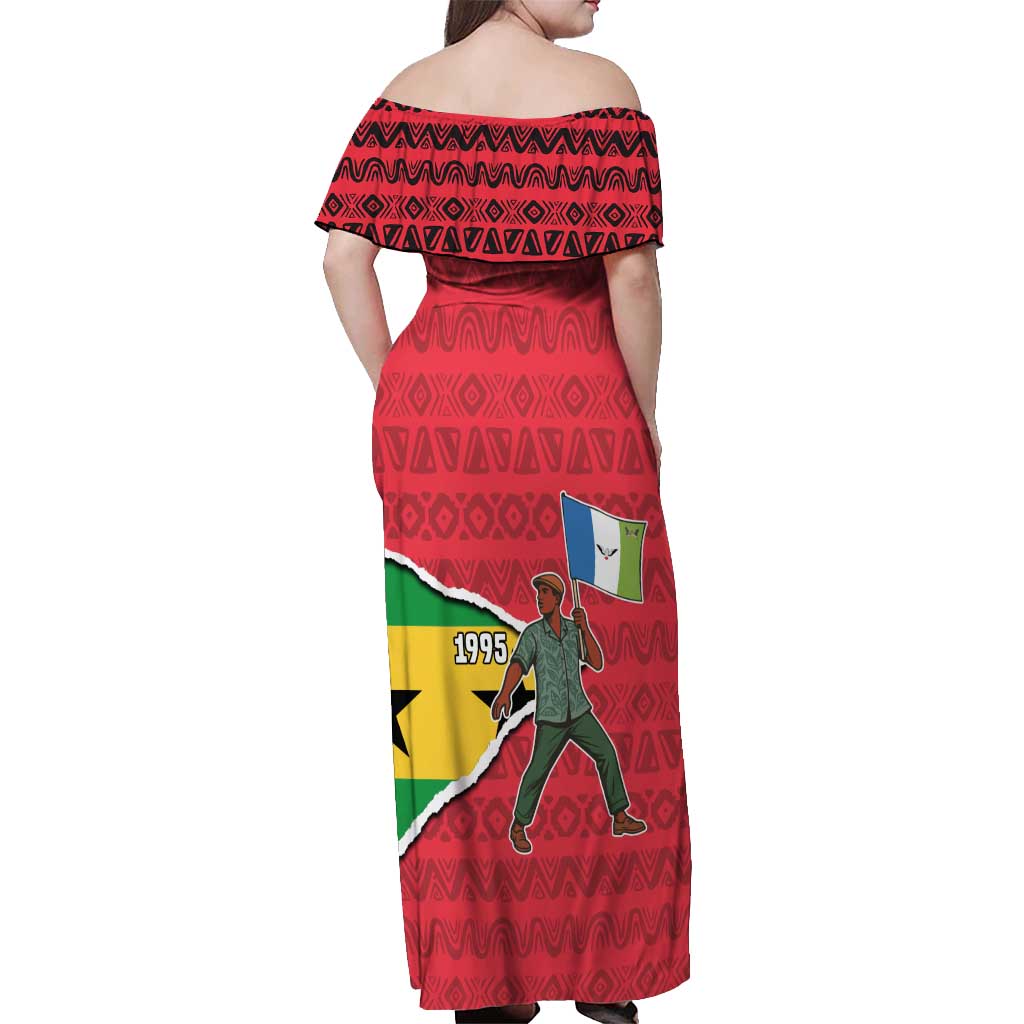 Autonomous Region of Principe Independence Off Shoulder Maxi Dress with 1995 Flag Design and Cultural Pattern - Wonder Print Shop
