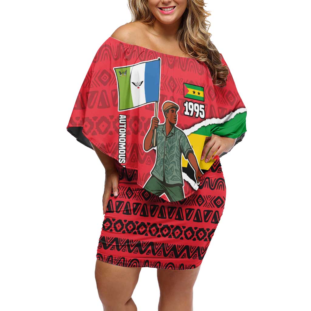 Autonomous Region of Principe Independence Off Shoulder Short Dress with 1995 Flag Design and Cultural Pattern - Wonder Print Shop
