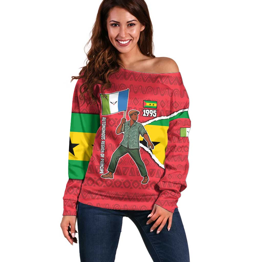 Autonomous Region of Principe Independence Off Shoulder Sweater with 1995 Flag Design and Cultural Pattern - Wonder Print Shop