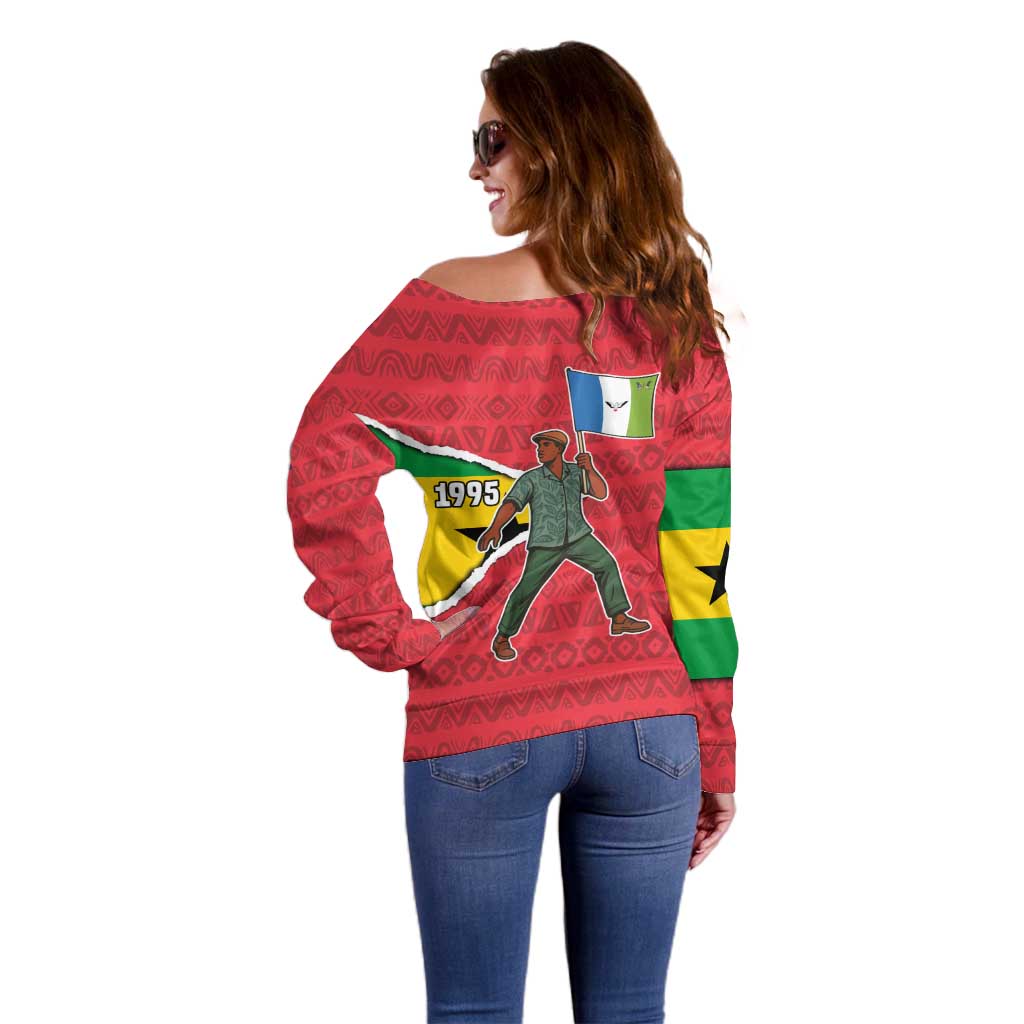 Autonomous Region of Principe Independence Off Shoulder Sweater with 1995 Flag Design and Cultural Pattern - Wonder Print Shop