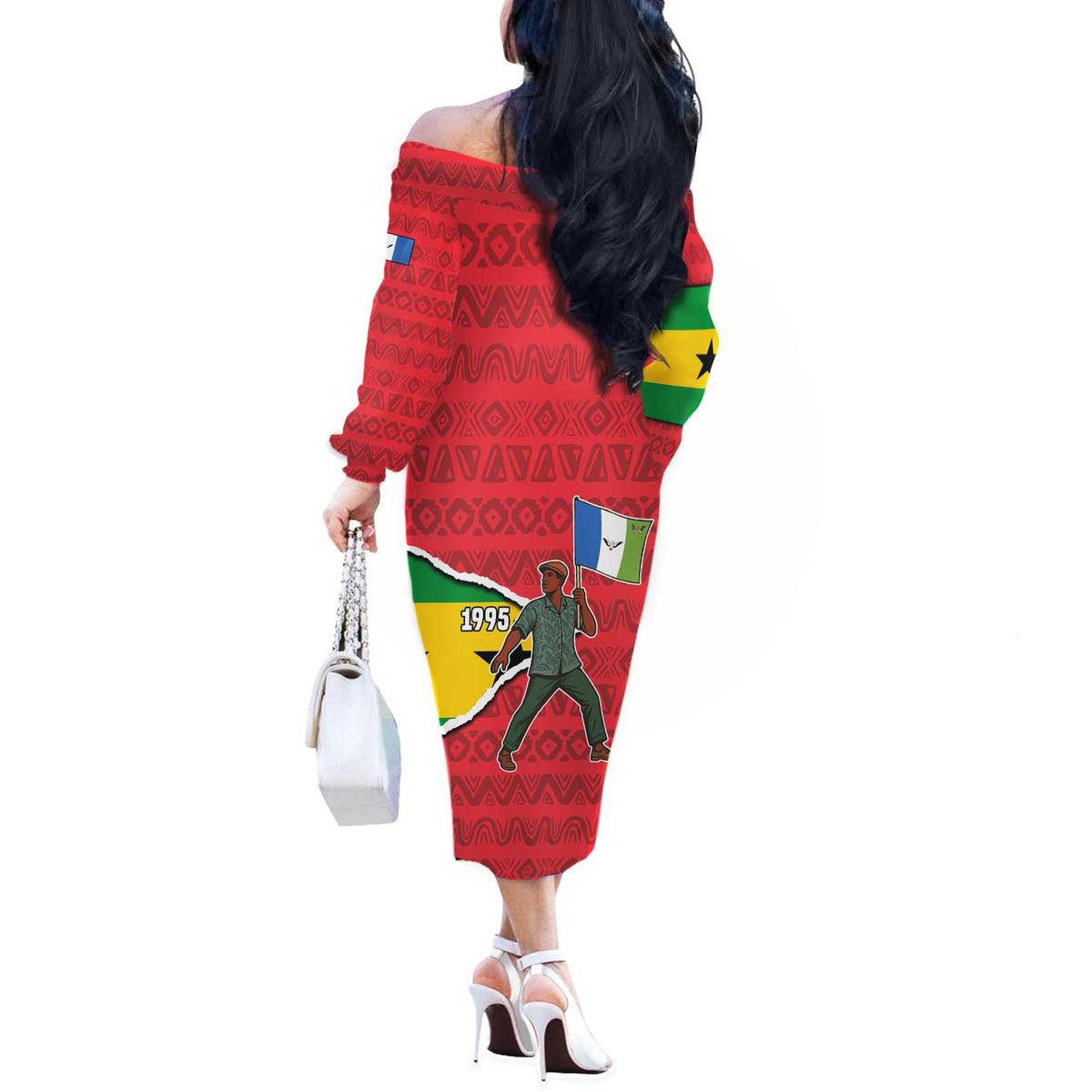 Autonomous Region of Principe Independence Off The Shoulder Long Sleeve Dress with 1995 Flag Design and Cultural Pattern - Wonder Print Shop