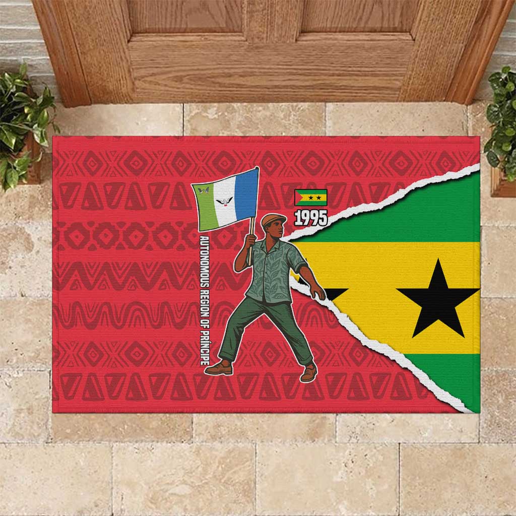 Autonomous Region of Principe Independence Rubber Doormat with 1995 Flag Design and Cultural Pattern - Wonder Print Shop