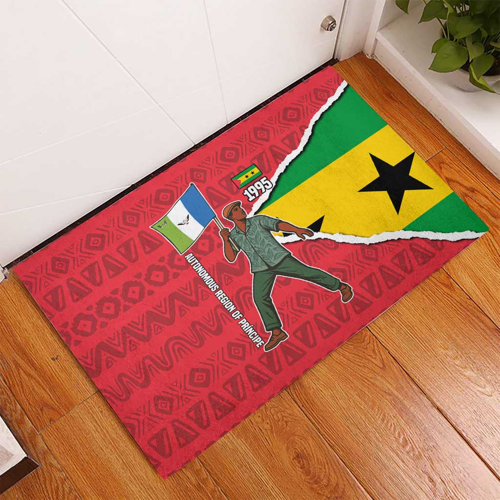 Autonomous Region of Principe Independence Rubber Doormat with 1995 Flag Design and Cultural Pattern - Wonder Print Shop