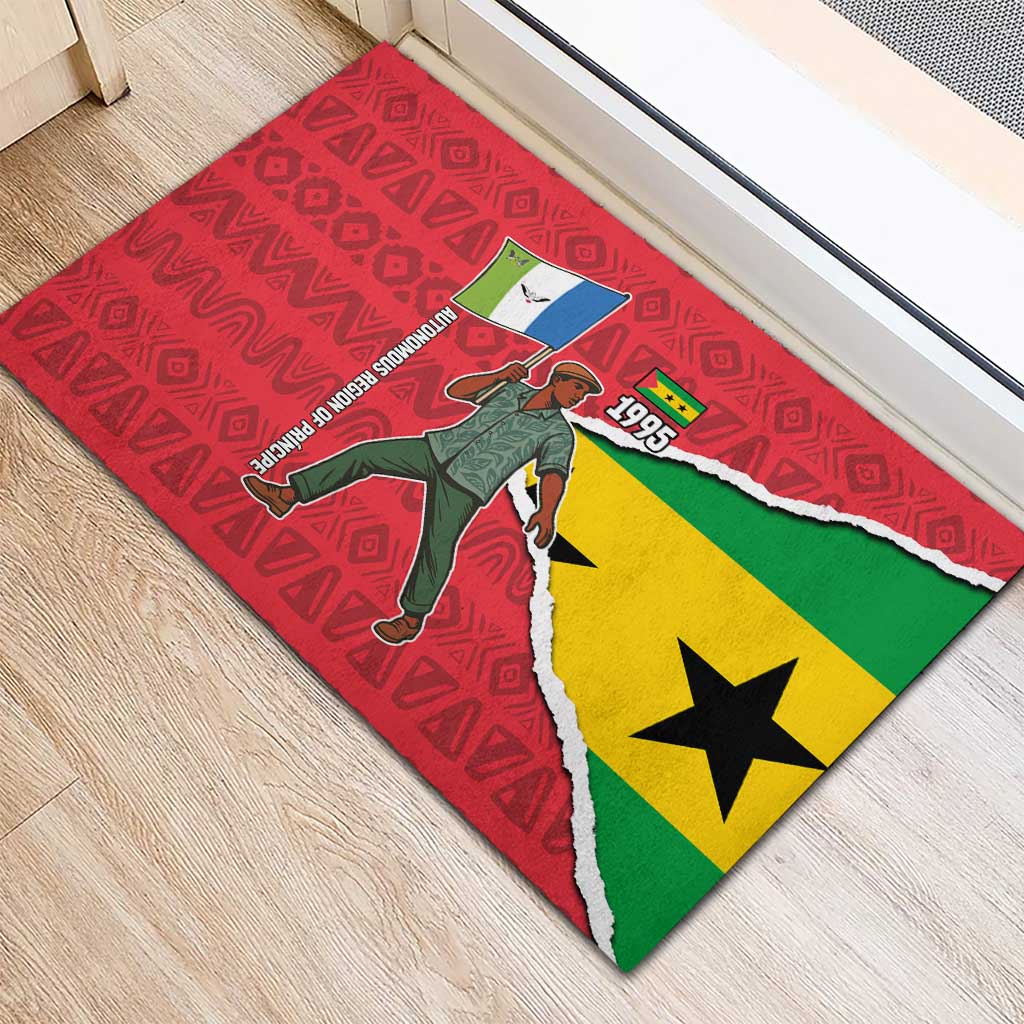 Autonomous Region of Principe Independence Rubber Doormat with 1995 Flag Design and Cultural Pattern - Wonder Print Shop