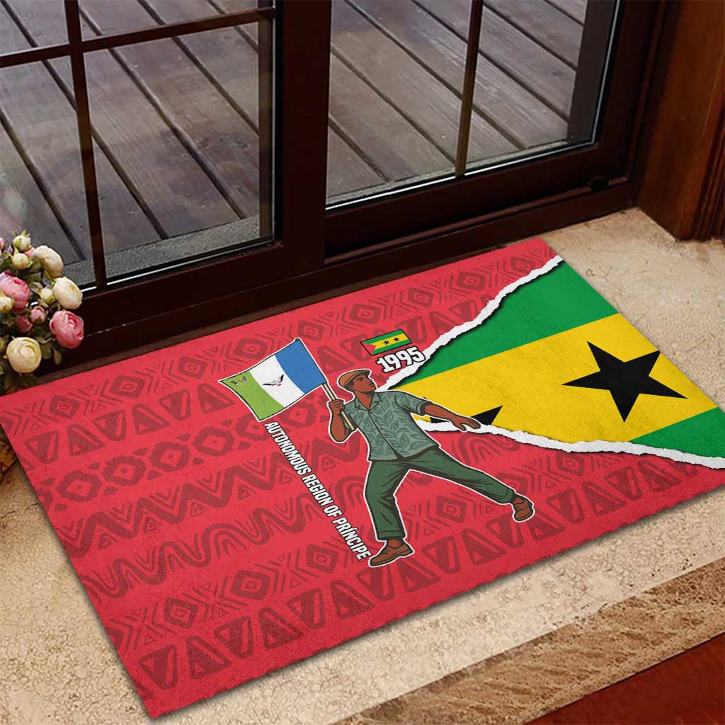 Autonomous Region of Principe Independence Rubber Doormat with 1995 Flag Design and Cultural Pattern - Wonder Print Shop