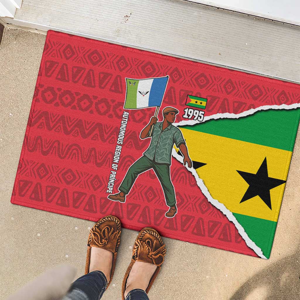 Autonomous Region of Principe Independence Rubber Doormat with 1995 Flag Design and Cultural Pattern - Wonder Print Shop