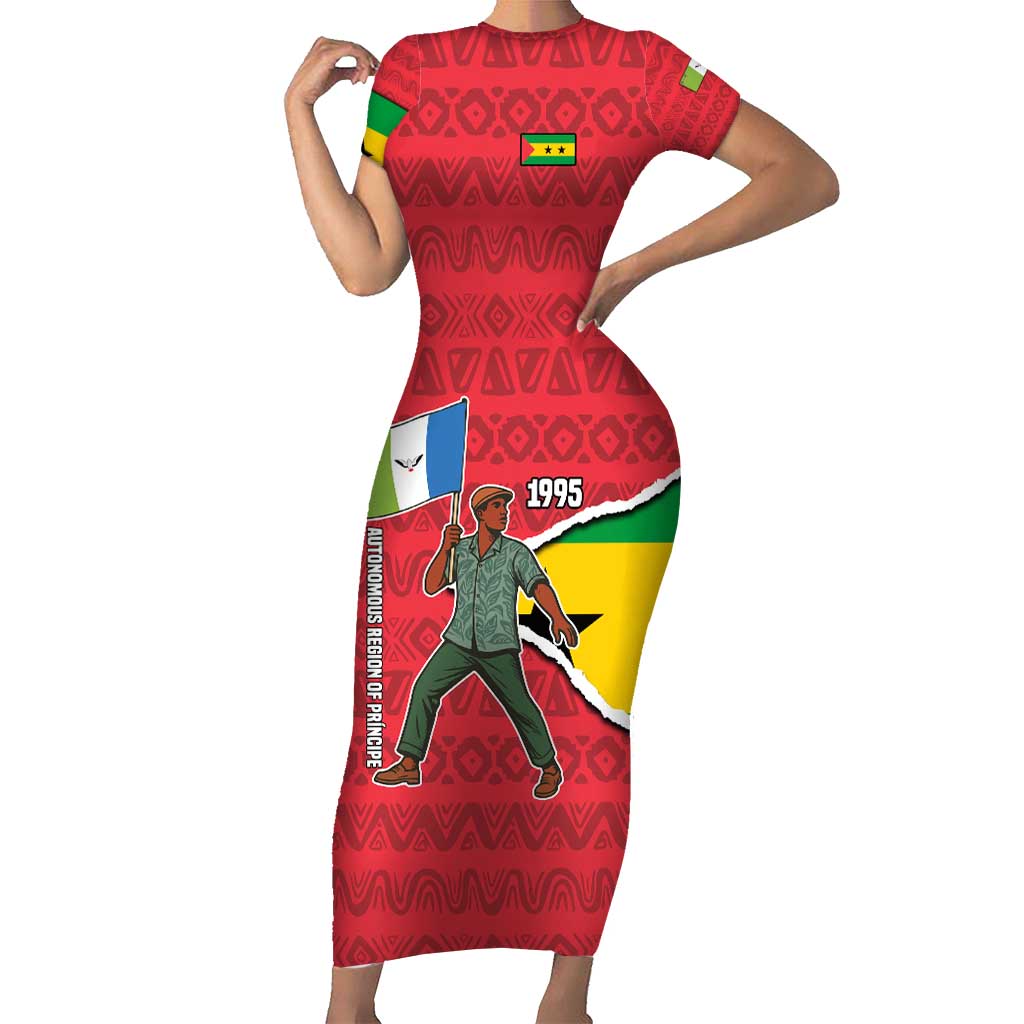 Autonomous Region of Principe Independence Short Sleeve Bodycon Dress with 1995 Flag Design and Cultural Pattern - Wonder Print Shop