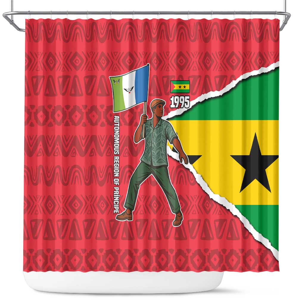 Autonomous Region of Principe Independence Shower Curtain with 1995 Flag Design and Cultural Pattern - Wonder Print Shop