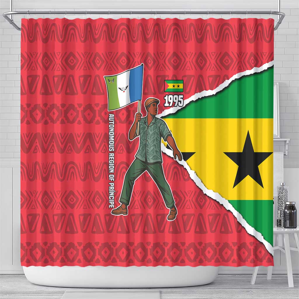 Autonomous Region of Principe Independence Shower Curtain with 1995 Flag Design and Cultural Pattern - Wonder Print Shop