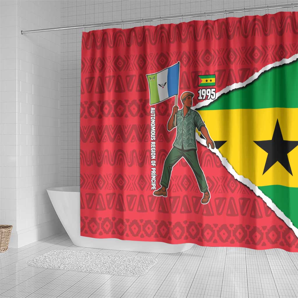 Autonomous Region of Principe Independence Shower Curtain with 1995 Flag Design and Cultural Pattern - Wonder Print Shop
