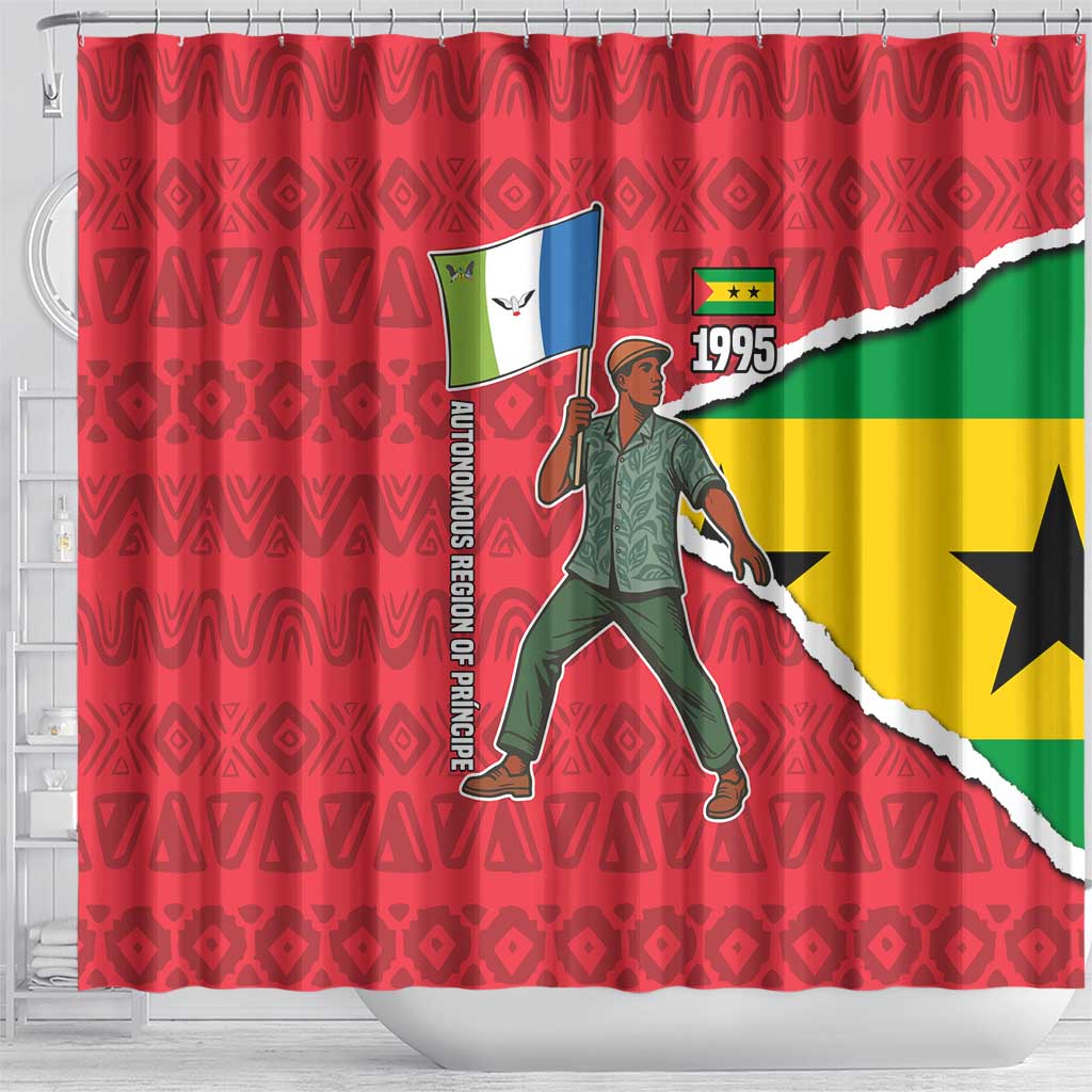 Autonomous Region of Principe Independence Shower Curtain with 1995 Flag Design and Cultural Pattern - Wonder Print Shop