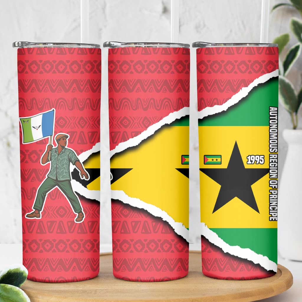Autonomous Region of Principe Independence Skinny Tumbler with 1995 Flag Design and Cultural Pattern - Wonder Print Shop
