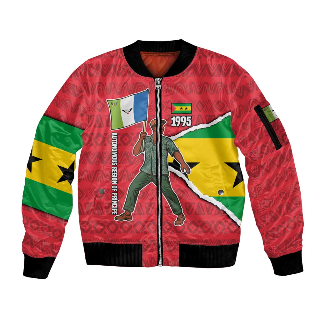 Autonomous Region of Principe Independence Sleeve Zip Bomber Jacket with 1995 Flag Design and Cultural Pattern - Wonder Print Shop