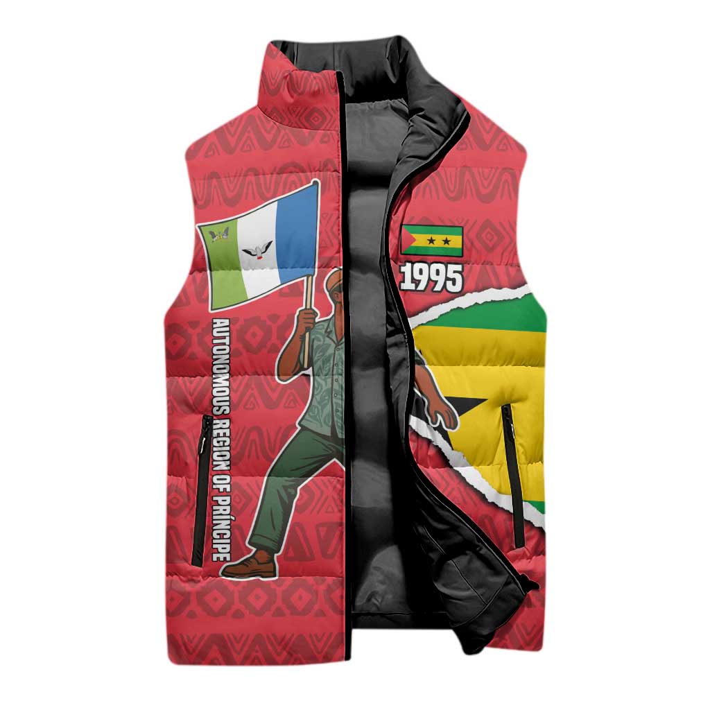 Autonomous Region of Principe Independence Sleeveless Puffer Jacket with 1995 Flag Design and Cultural Pattern - Wonder Print Shop