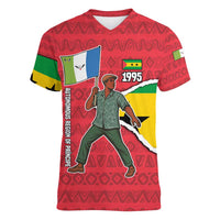 Autonomous Region of Principe Independence Women V-Neck T-Shirt with 1995 Flag Design and Cultural Pattern - Wonder Print Shop