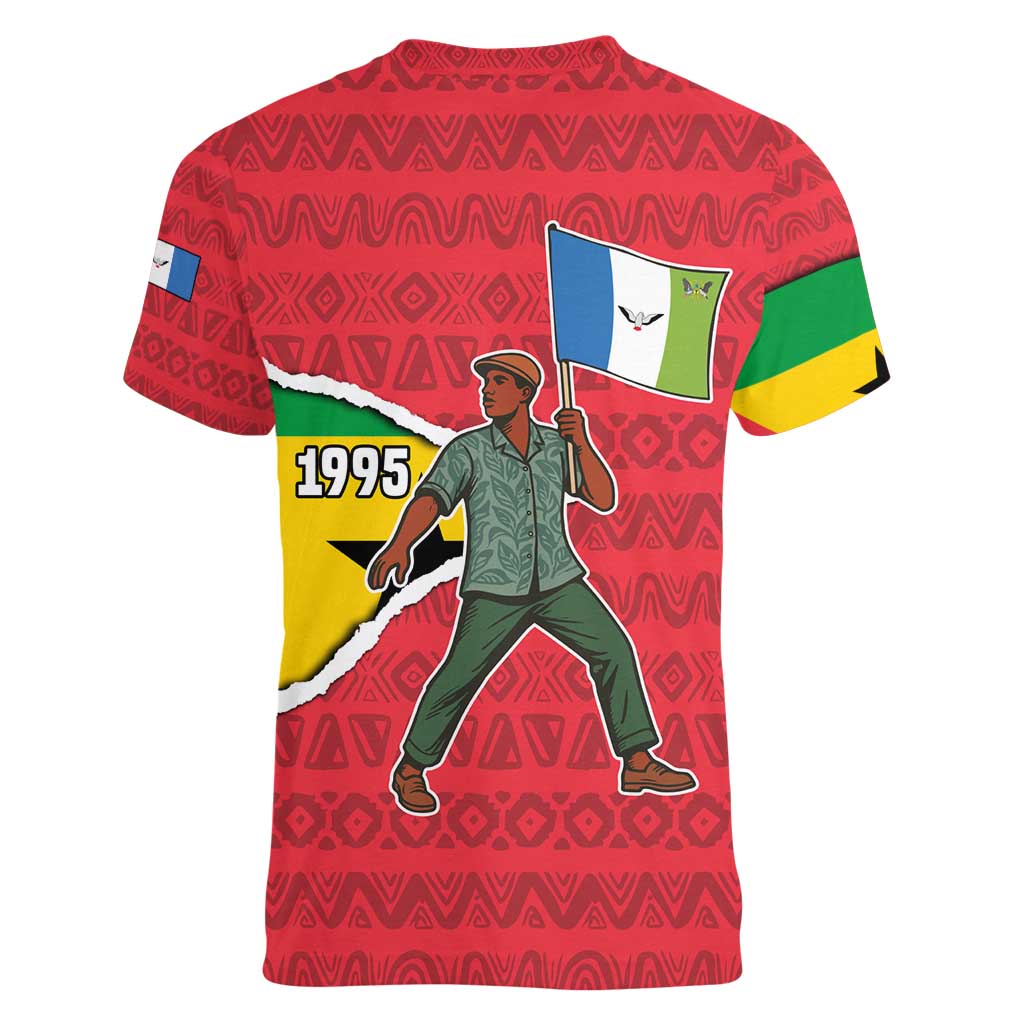 Autonomous Region of Principe Independence Women V-Neck T-Shirt with 1995 Flag Design and Cultural Pattern - Wonder Print Shop