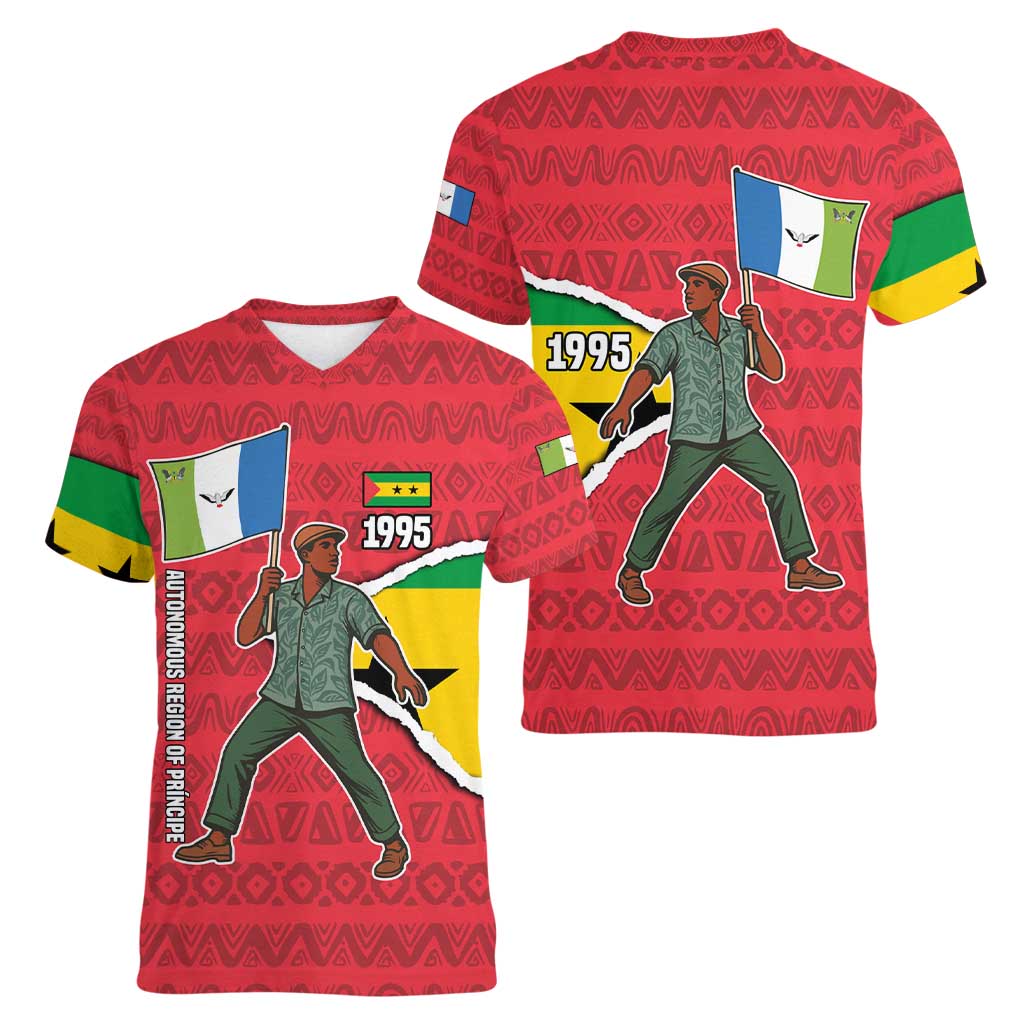 Autonomous Region of Principe Independence Women V-Neck T-Shirt with 1995 Flag Design and Cultural Pattern - Wonder Print Shop