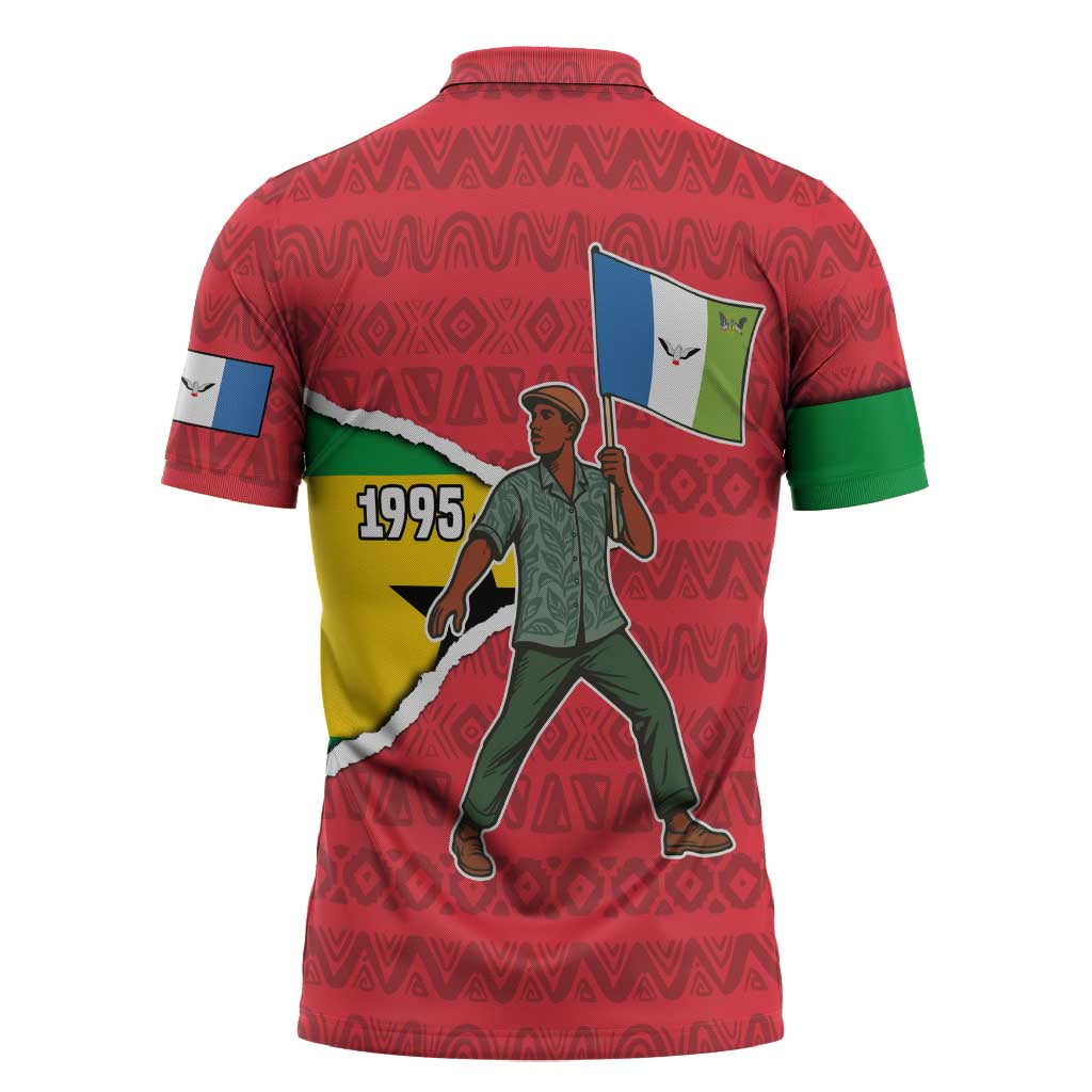 Autonomous Region of Principe Independence Zipper Polo Shirt with 1995 Flag Design and Cultural Pattern - Wonder Print Shop
