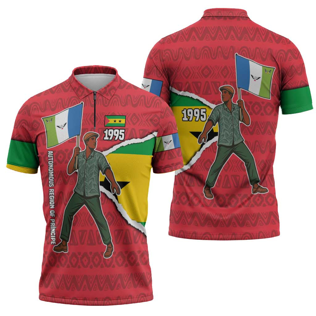 Autonomous Region of Principe Independence Zipper Polo Shirt with 1995 Flag Design and Cultural Pattern - Wonder Print Shop